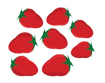 A bunch of eight red strawberries with a green peduncle. Vector. Berries. Healthy food. Fruit. Red fruit. Digital drawing. Digital download.