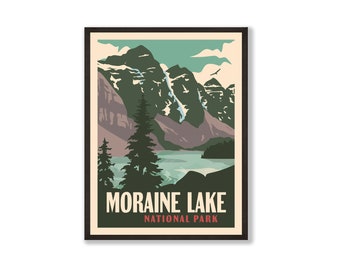 May include: A vintage-style travel poster featuring a scenic view of Moraine Lake in Banff National Park. The poster has a blue, green, and brown color scheme and features a mountain range reflected in the lake.