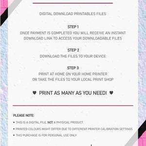 May include: A digital download printable file instructions graphic with a pink and black background. The graphic has the text "How It Works" in a large font and explains the steps to download and print the files. The graphic also includes the text "Print Me! Instant Downloads".
