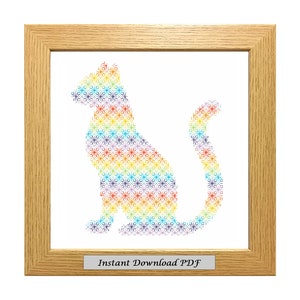 May include: A framed print featuring a rainbow-colored cat silhouette composed of floral patterns. The artwork is set against a white background and framed in light brown wood. The text "Instant Download PDF" is displayed on a small label at the bottom.