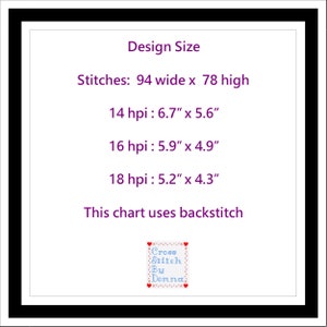 May include: A purple and white text chart with the title "Design Size" and information about the size of a cross stitch pattern in stitches, and inches per pixel (hpi) for 14, 16, and 18 hpi. The chart also states "This chart uses backstitch". The bottom of the chart has a small purple and white logo that says "Cross Stitch By Donna".