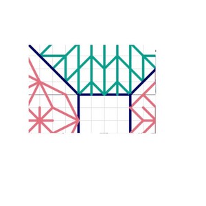 May include: Abstract geometric pattern with a grid background. The pattern is made up of overlapping lines in teal, navy blue, and pink.