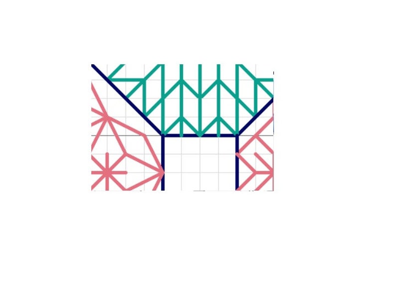 May include: Abstract geometric pattern with a grid background. The pattern is made up of overlapping lines in teal, navy blue, and pink.