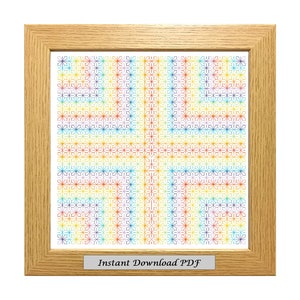 May include: A framed cross-stitch pattern with a colorful geometric design. The pattern is made up of small, repeating squares and stars. The frame is made of light wood. The text "Instant Download PDF" is printed on a silver plaque below the image.