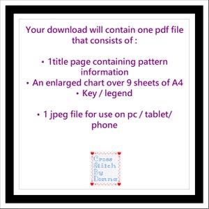 Peut inclure: Un t&eacute;l&eacute;chargement num&eacute;rique pour un mod&egrave;le de point de croix. Le t&eacute;l&eacute;chargement comprend une page de titre avec des informations sur le mod&egrave;le, un tableau sur 9 feuilles de papier A4, une cl&eacute; ou une l&eacute;gende, et un fichier jpeg &agrave; utiliser sur un ordinateur, une tablette ou un t&eacute;l&eacute;phone. Le texte sur l'image indique "Cross Stitch By Donna".