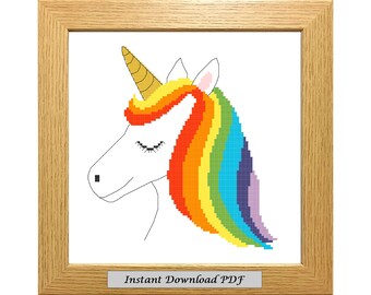 Rainbow Unicorn PDF Cross Stitch Chart, Padrão, Download instantâneo para impressão, Gráfico fácil, Bordado, Moderno, Contado, CrossStitchByDonna