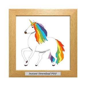 Regenbogen Einhorn PDF Kreuzstichvorlage, Muster, sofortiger druckbarer Download, einfache Tabelle, Stickerei, modern, gezählt, CrossStitchByDonna