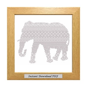May include: A framed cross-stitch pattern of an elephant, with the text "Instant Download PDF" at the bottom of the frame.