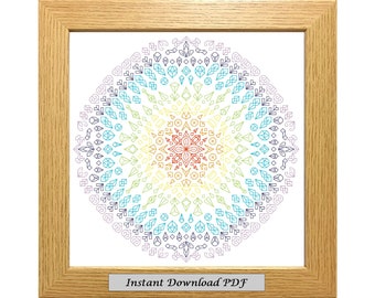 Rainbow Mandala Blackwork PDF Pattern, Cross Stitch Chart, Téléchargement imprimable instantané, Broderie, Blackwork moderne, CrossStitchByDonna