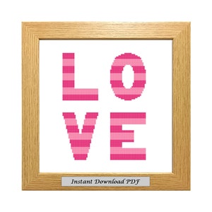 Pink Love PDF Cross Stitch Chart, Pattern, Instant Printable Download, Easy Chart, Embroidery, Modern, Counted, CrossStitchByDonna