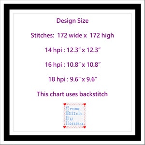 Peut inclure: Un diagramme de point de croix de couleur violet et blanc avec le texte "Design Size" et "Stitches: 172 wide x 172 high" et "14 hpi: 12.3" x 12.3" et "16 hpi: 10.8" x 10.8" et "18 hpi: 9.6" x 9.6" et "This chart uses backstitch" et "Cross Stitch By Donna".