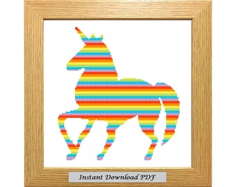 Rainbow Unicorn PDF Cross Stitch Chart, Padrão, Download instantâneo para impressão, Gráfico fácil, Bordado, Moderno, Contado, CrossStitchByDonna