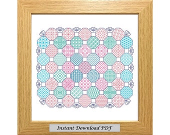 Patrón PDF Blackwork Patchwork, Gráfico de punto de cruz, Descarga instantánea imprimible, Bordado, Blackwork moderno, CrossStitchByDonna