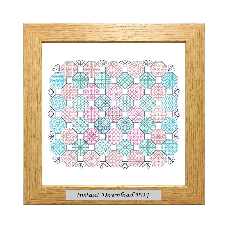 May include: A framed cross-stitch pattern featuring a geometric design with a variety of colors, including pink, blue, and green. The pattern is surrounded by a decorative border. The text "Instant Download PDF" is displayed below the pattern.