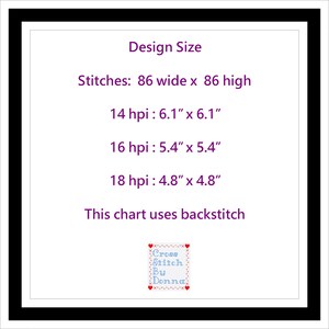May include: A purple and white text document with the title "Design Size". The document lists the size of a cross stitch pattern in stitches, and in inches for different stitches per inch (hpi). The document also states that the chart uses backstitch. The document is signed "Cross Stitch By Donna".