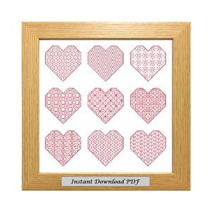 Nine Blackwork Hearts PDF Pattern, Cross Stitch Chart, Instant Printable Download, Embroidery, Modern Blackwork, CrossStitchByDonna