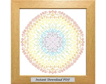 Rainbow Mandala Blackwork PDF Pattern, Cross Stitch Chart, Téléchargement imprimable instantané, Broderie, Blackwork moderne, CrossStitchByDonna