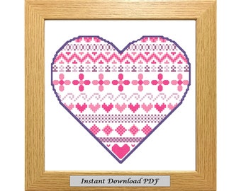 Patterned Heart PDF Cross Stitch Chart, Pattern, Instant Printable Download, Easy Chart, Embroidery, Modern, Counted, CrossStitchByDonna