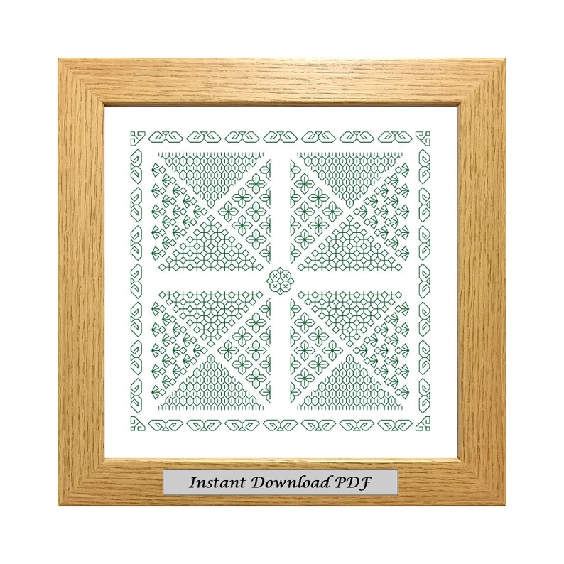 May include: A framed cross-stitch pattern featuring a green geometric design. The frame is made of light wood and has a white mount. The text "Instant Download PDF" is printed on a label at the bottom of the frame.