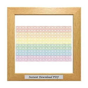 May include: A framed digital download of a rainbow-colored pattern of hearts. The text "Instant Download PDF" is on a plaque at the bottom of the frame.