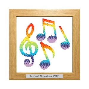Rainbow Musical Notes PDF Cross Stitch Chart, Pattern, Instant Printable Download, Easy, Embroidery, Modern, Counted,  CrossStitchByDonna