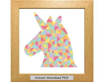 Gráfico de ponto cruz em PDF de unicórnio geométrico arco-íris, padrão, download instantâneo para impressão, fácil, bordado, moderno, contado, CrossStitchByDonna