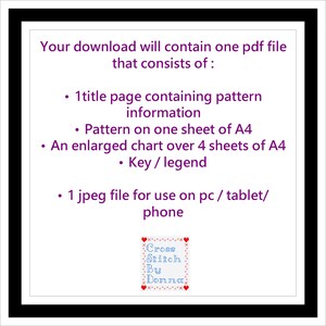 May include: A purple text document with the title "Your download will contain one pdf file that consists of:" followed by a list of items: 1 title page containing pattern information, pattern on one sheet of A4, an enlarged chart over 4 sheets of A4, key/legend, and 1 jpeg file for use on pc/tablet/phone. A small red and white cross stitch design with the text "Cross Stitch By Donna" is in the bottom right corner.