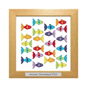 Rainbow Fish PDF Cross Stitch Chart, Pattern, Instant Printable Download, Intermediate, Embroidery, Modern, Counted, CrossStitchByDonna
