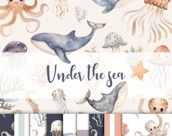 Cute Under the sea clipart and seamless patterns bundle. The whale, octopus, jellyfish, corals.