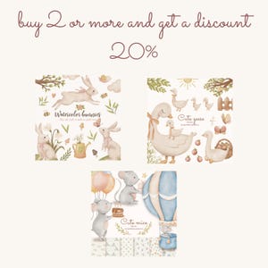 May include: Three digital illustrations of watercolor animals. The first image features bunnies with flowers and a watering can. The second image features geese with a basket and strawberries. The third image features mice with balloons and a hot air balloon. The text "buy 2 or more and get a discount 20%" is at the top of the image.