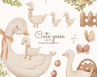 Cute watercolor goose clip art nursery design and seamless patterns