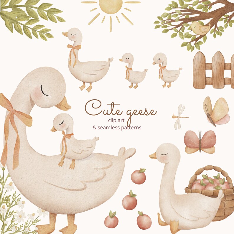 May include: A set of watercolor illustrations featuring cute geese, butterflies, a dragonfly, a basket of apples, a fence, and a sun. The text "Cute geese clip art & seamless patterns" is included in the image.