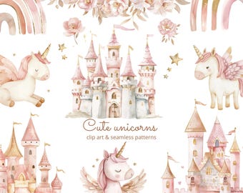 Cute Unicorn Watercolor Clipart, Cute animals, Baby Shower, Nursery Decor, unicorn png, castle, fairy tale