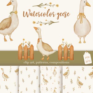 Aquarel gans clipart, naadloze patronen – schattige boerderij digitaal pakket. Schattige ganzen png, schattige dieren, pastelkleurige kinderkamerdecoratie