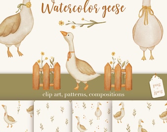 Watercolor Goose Clipart, Seamless Patterns – Cute Farmhouse Digital Pack. Cute geese png, adorable animals, pastel color nursery decoration
