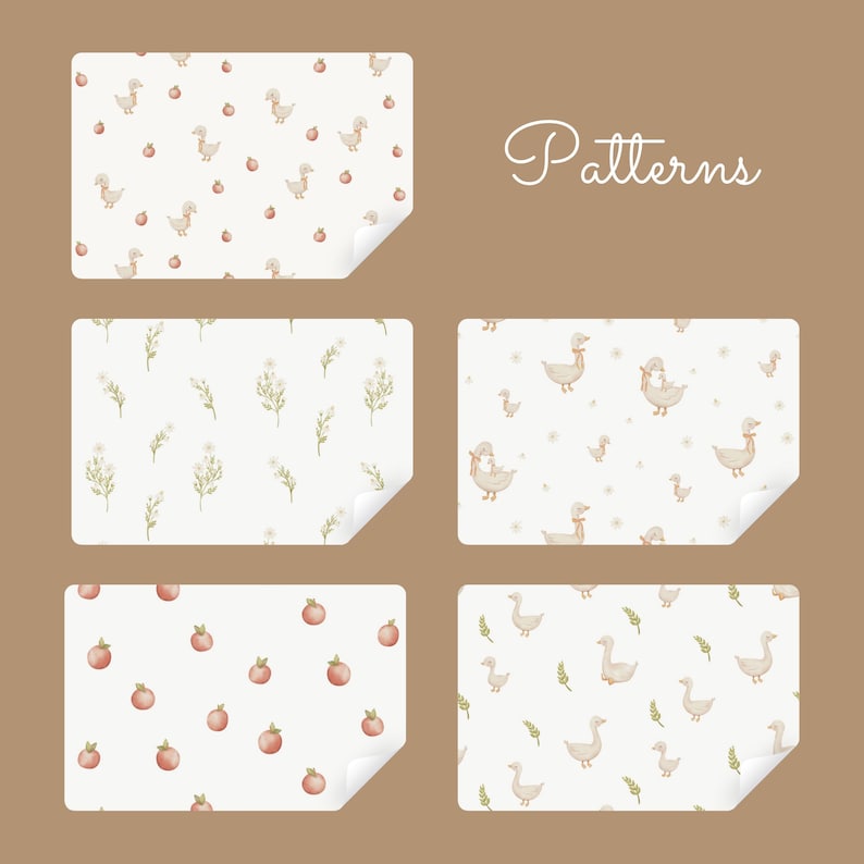 May include: Four digital paper patterns featuring different designs. The first pattern has a white background with pink apples and white ducks. The second pattern has a white background with green leaves and white flowers. The third pattern has a white background with white ducks and white flowers. The fourth pattern has a white background with white ducks and green leaves. The text "Patterns" is at the top of the image.