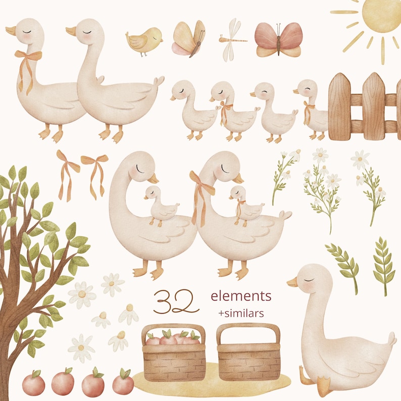 May include: A set of 32 watercolor illustrations featuring cute geese, butterflies, flowers, a fence, a tree, baskets, and apples. The illustrations are perfect for creating cards, invitations, or other craft projects.