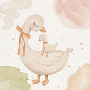 May include: A watercolor illustration of two white geese with orange ribbons. The larger goose has its eyes closed and is carrying the smaller goose on its back.