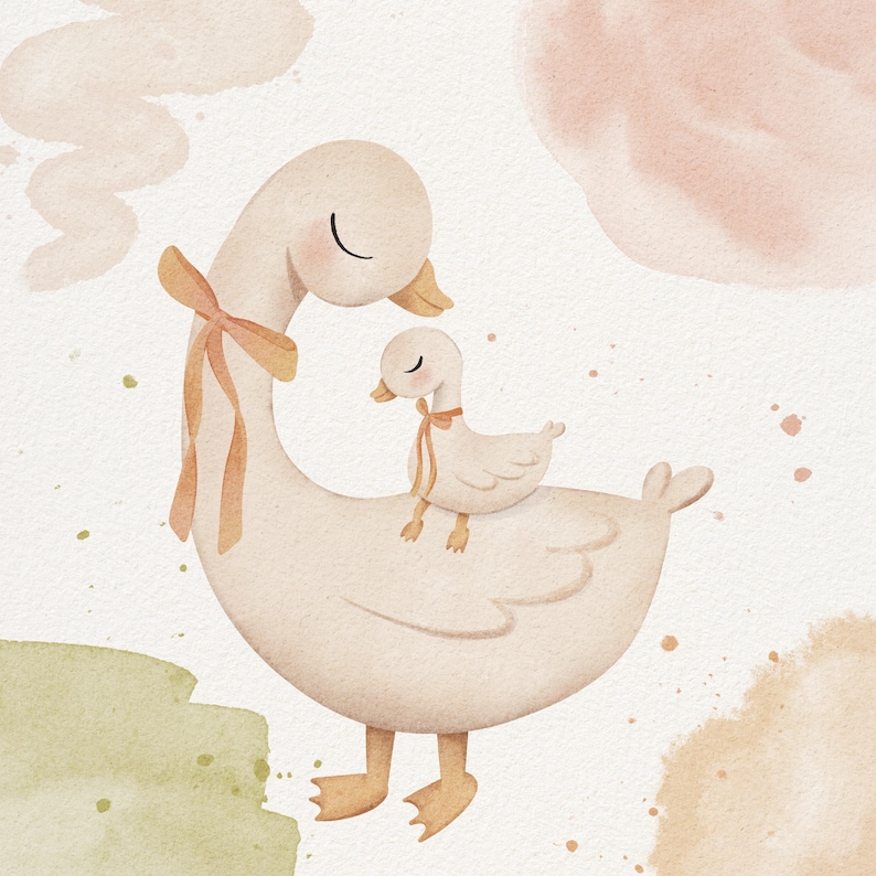 May include: A watercolor illustration of two white geese with orange ribbons. The larger goose has its eyes closed and is carrying the smaller goose on its back.