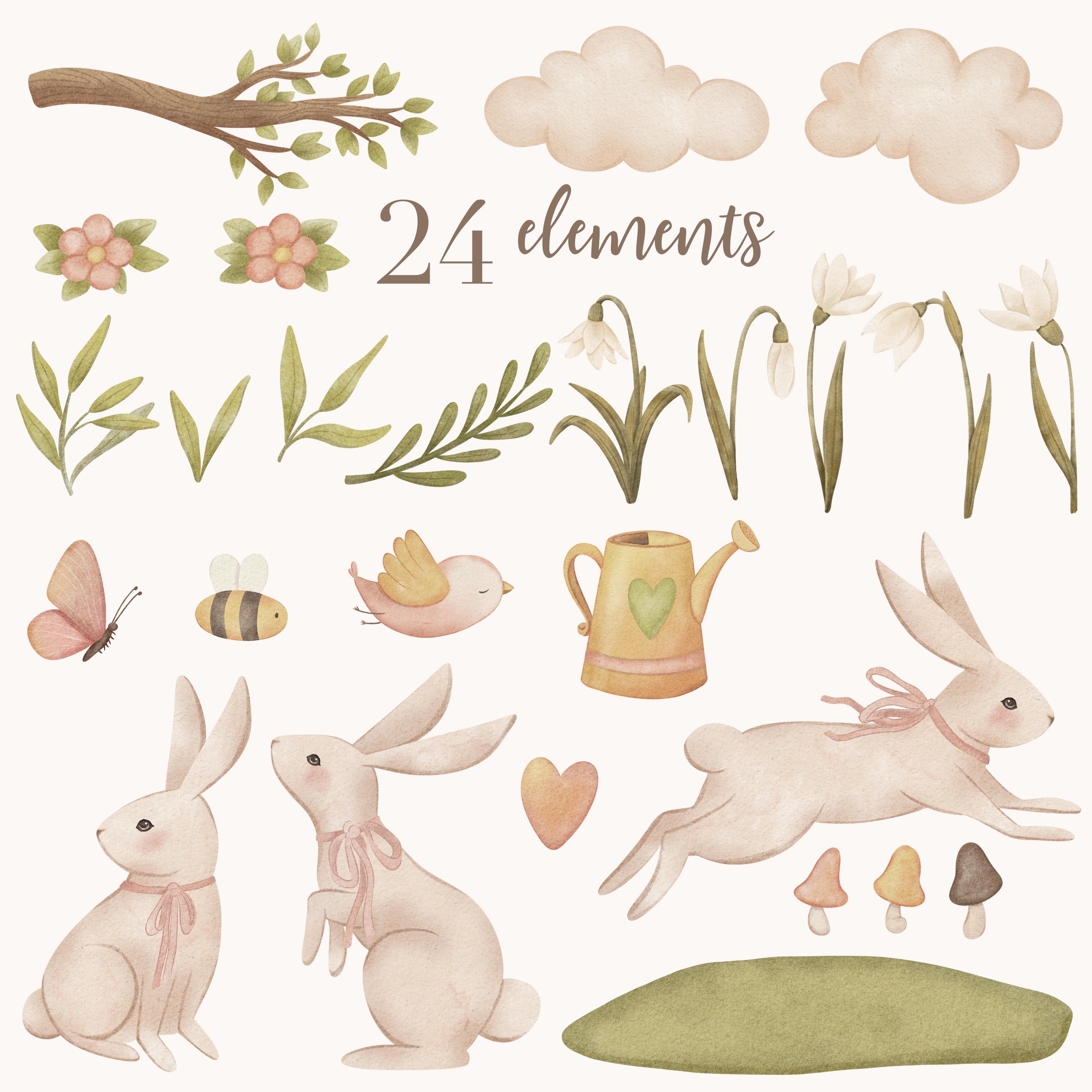 Cute Watercolor Bunny Clip Art Nursery Design + Seamless Patterns - Etsy
