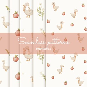 May include: Four seamless patterns featuring watercolor illustrations of geese, flowers, and apples. The patterns are designed for use in crafting and digital projects.