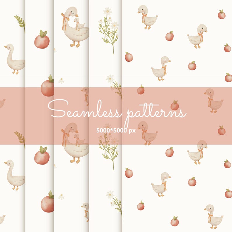 May include: Four seamless patterns featuring watercolor illustrations of geese, flowers, and apples. The patterns are designed for use in crafting and digital projects.