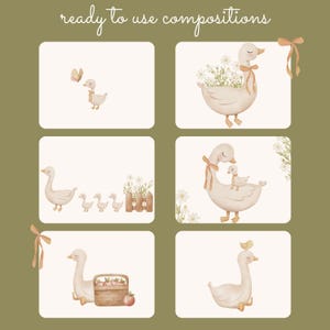 May include: Five digital illustrations of geese in various poses. The first image shows a goose with a butterfly. The second image shows a goose with flowers. The third image shows a goose with a fence. The fourth image shows a goose with a baby goose. The fifth image shows a goose with a basket of apples.