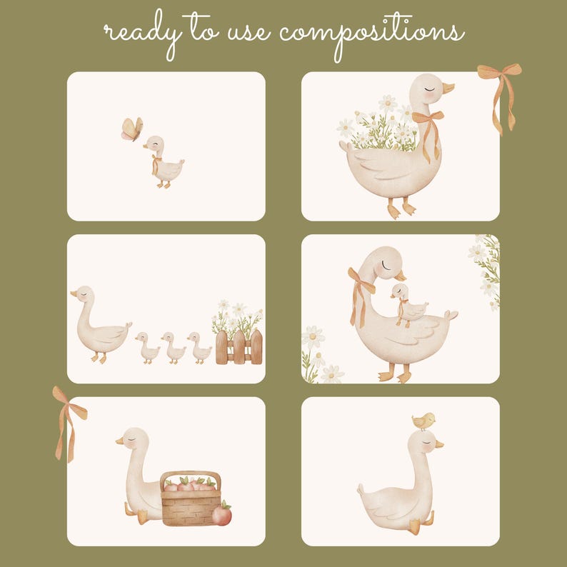 May include: Five digital illustrations of geese in various poses. The first image shows a goose with a butterfly. The second image shows a goose with flowers. The third image shows a goose with a fence. The fourth image shows a goose with a baby goose. The fifth image shows a goose with a basket of apples.