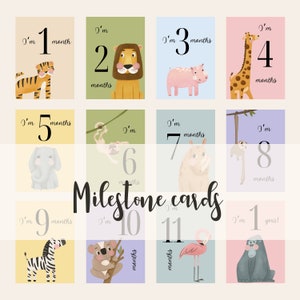 Cartes imprimables pour les étapes de la première année avec de jolis animaux de la jungle