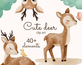 Cute Deer Watercolor Clipart, woodland animals, Baby Shower, Nursery Decor, deer png, forest animals