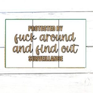 Pu&ograve; includere: Un cartello rettangolare bianco con un bordo verde scuro che presenta il testo PROTECTED BY fuck around and find out SURVEILLANCE in lettere dorate. Il cartello &egrave; diviso in tre pannelli verticali da sottili linee nere sulla superficie.