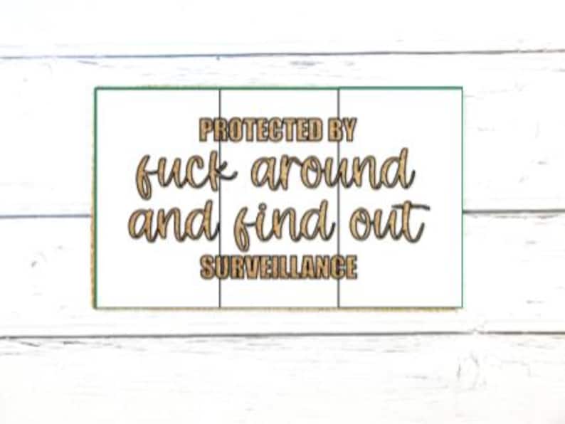 Pu&ograve; includere: Un cartello rettangolare bianco con un bordo verde scuro che presenta il testo PROTECTED BY fuck around and find out SURVEILLANCE in lettere dorate. Il cartello &egrave; diviso in tre pannelli verticali da sottili linee nere sulla superficie.