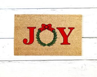 Christmas Doormat, Joy Doormat, Christmas Lights, Holiday Porch Decor, Holiday Wreath, Outdoor Rug, Christmas Decor
