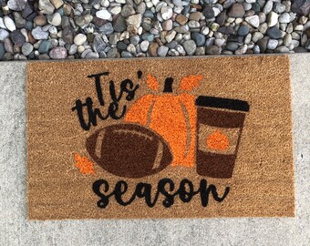 Tis The Season Fall Doormat, Fall Decor, Football Rug, Pumpkin Decor, Outdoor Rug,  Cute Doormat, Coffee Doormat